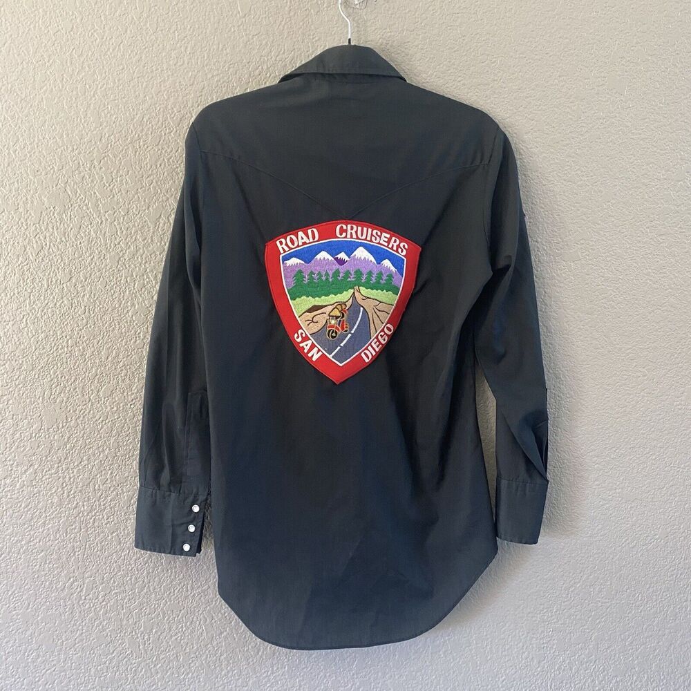 VTG 70s Miller Western Shirt Mens 14.5 Black Pearl Snap SDCRRA Motorcycle Patch